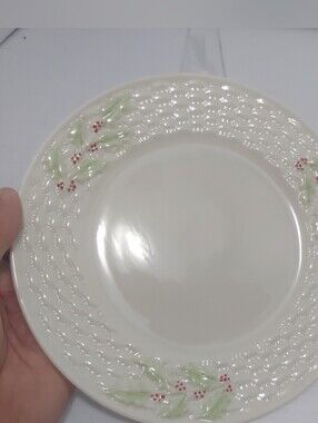 Belleek Enchanted Holly, Ireland, Basketweave: 1990s Salad Plate  8 1/8"